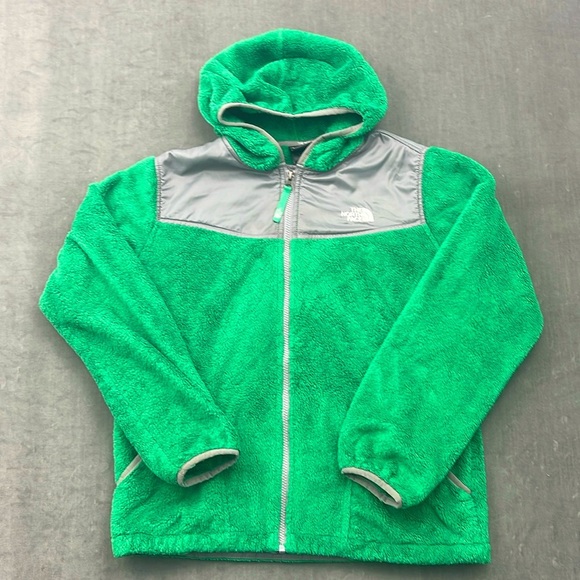 The North Face Green Gray Fleece Hooded Full Zip Youth Fuzzy Jacket‎ Sz XL 18 - Picture 1 of 5